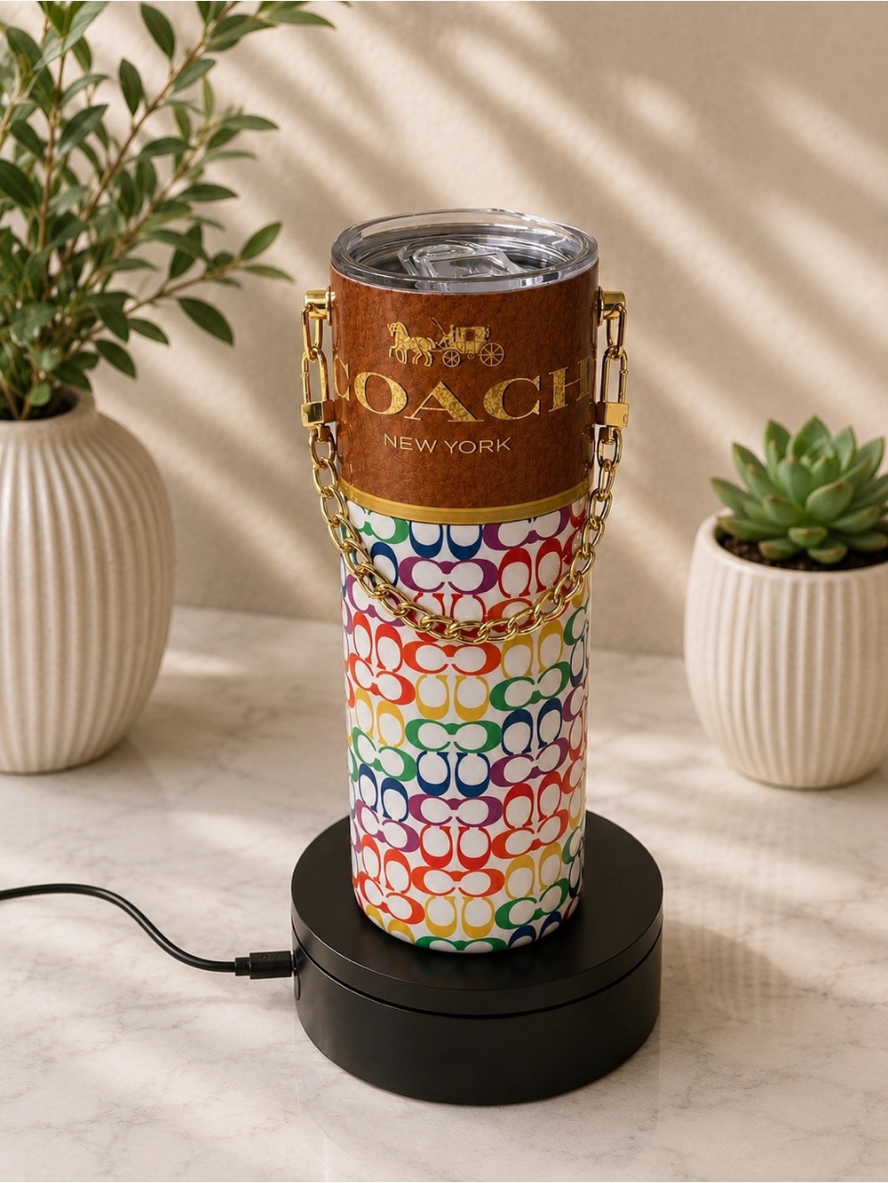 Coach Multicolor Rainbow Signature Chain Tumbler with Gold Accents - Picture 1 of 3